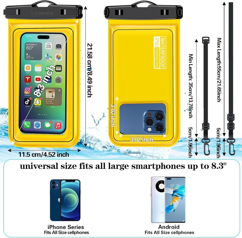 Famoby Floatable 3 Pack Multicolor Universal IP68 Floating Waterproof Phone Pouch,Adjustable Neck Lanyard Waterproof Phone Case Dry Bag for Apple iPhone,Samsung,and up to 8.3" Yellow,Orange,Green - Image 2